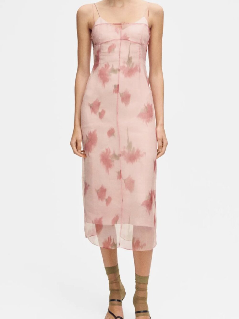 Floral Print Chiffon Overlay Midi Dress (NWT)